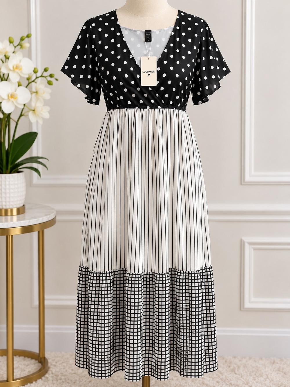 Lulumari Black & White Mixed-Print Midi Dress